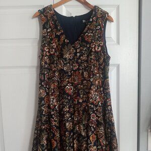 Flare V-Neck Earth Tones of Black, Orange and Green Dress